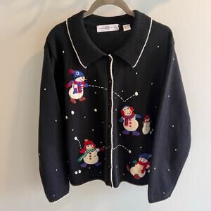 Marisa Christina Black Snowman Cardigan Sweater Size L